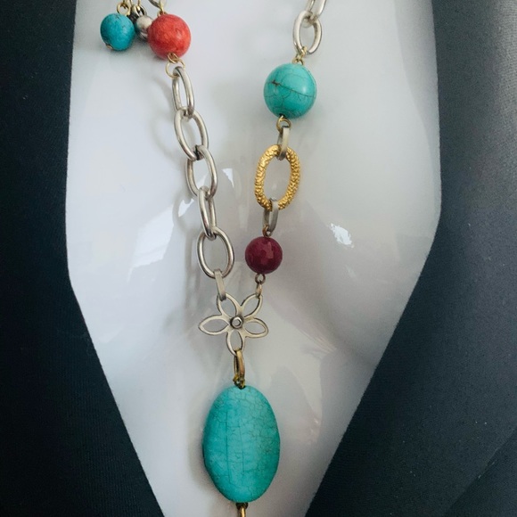 Beautiful silver & gold tone chain necklace with blue turquoise stones - Picture 4 of 6